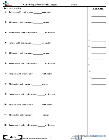 Measurement Worksheets - Converting Mixed Metric Lengths worksheet